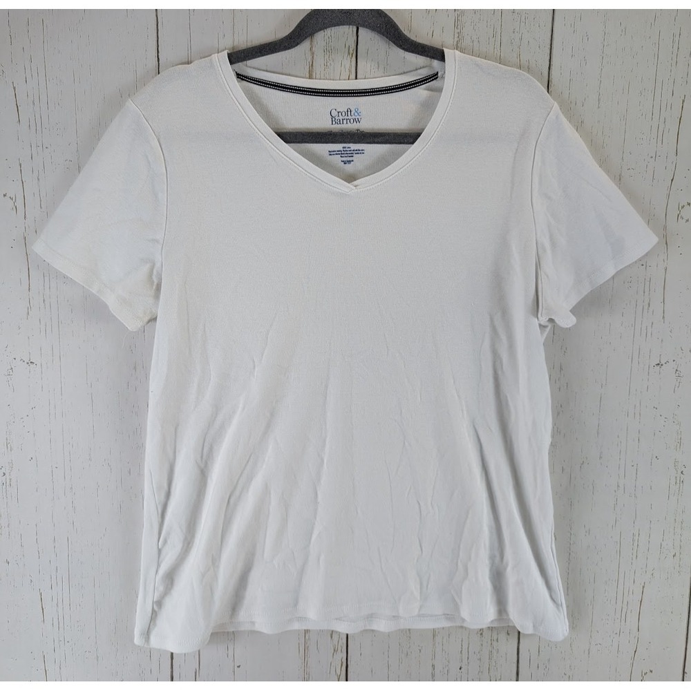 Croft Barrow Size XL Womens White Short Sleeve V Neck Cotton Top